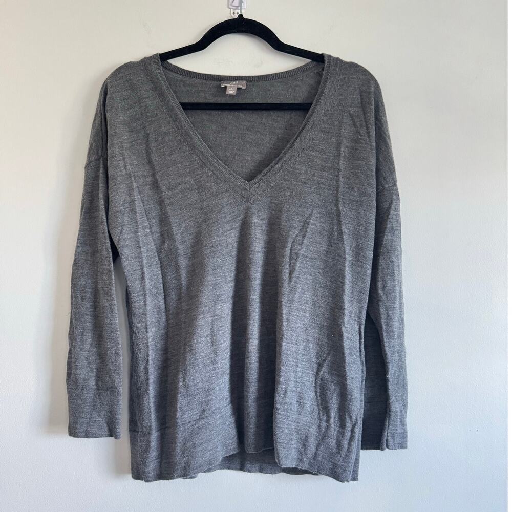 J. Jill Italian Merino Wool Gray V-Neck Sweater Women’s Petite‎ Large L Long